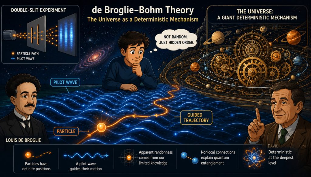 The de Broglie–Bohm Theory: Is the Universe a Giant Deterministic Machine Without Randomness?