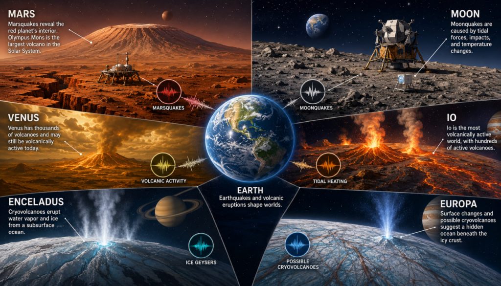 Earthquakes and Volcanic Eruptions on Other Planets: Alien Geology in Action