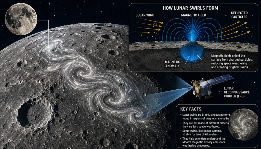 Lunar Swirls: The Mysterious Bright Patterns on the Moon Linked to Magnetic Fields