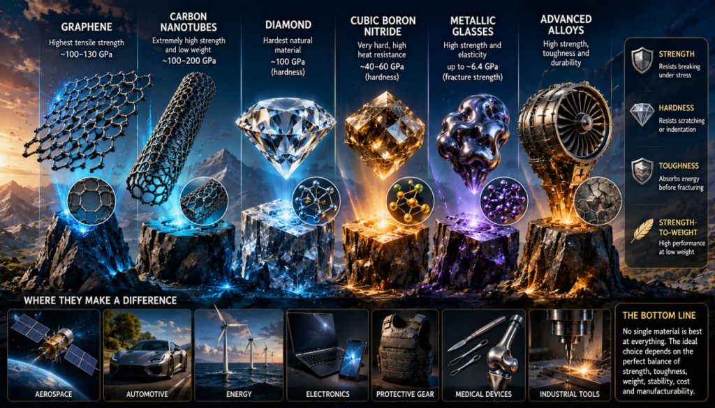 The Strongest Materials on Earth: From Graphene and Diamond to Advanced Alloys