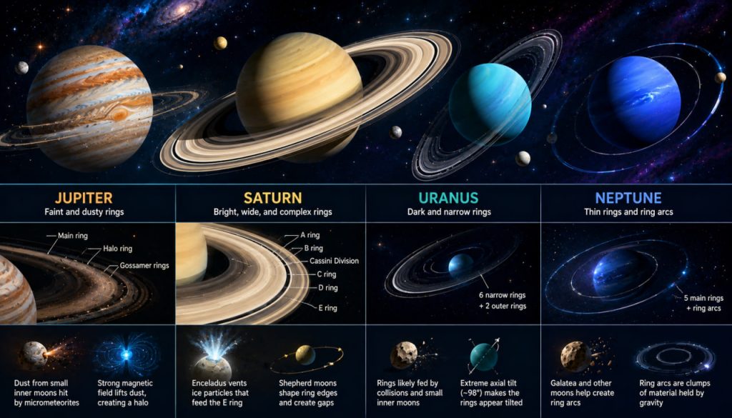 Rings Around Planets in the Solar System: Why Saturn Is Not the Only Ringed World