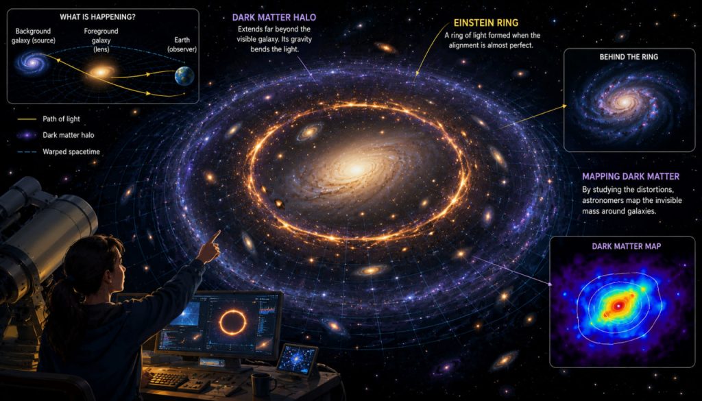 Einstein Rings and Dark Matter Halos: How Cosmic Lenses Reveal the Invisible Universe
